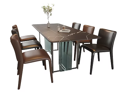 Modern Dining Table Set Featuring Marble Top Leather Chairs And Tabletop Vase Books 3d model