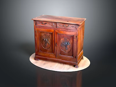 Vintage Brown Wooden Cabinet With Carved Doors And Top Drawers On Circular Base 3d model