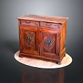 Vintage Brown Wooden Cabinet With Carved Doors And Top Drawers On Circular Base