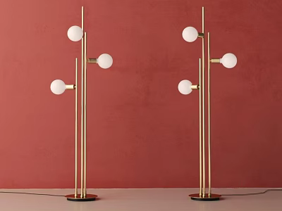Modern Floor Lamp Design With Golden Stand And White Spherical Bulbs Against Red Wall 3d model