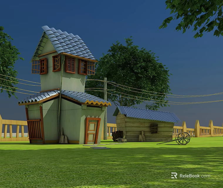 Cartoon Country Scene With Two Story House Blue Roof Small Shed Green Grass And Trees 3d model 