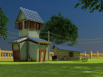 Cartoon Country Scene With Two Story House Blue Roof Small Shed Green Grass And Trees 3d model