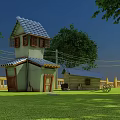 Cartoon Country Scene With Two Story House Blue Roof Small Shed Green Grass And Trees