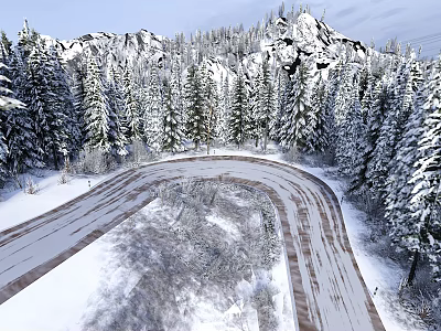 Scenic Winter Landscape With Snowy Mountains Tall Pine Trees And Winding Snow Covered Road 3d model