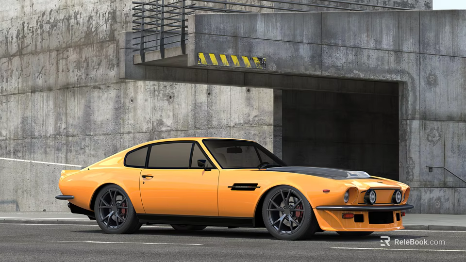 Orange Classic Sports Car With Black Roof And Large Wheels Near Concrete Bridge 3d model 