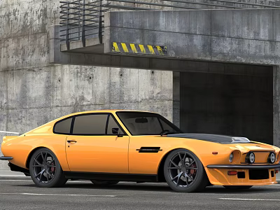 Orange Classic Sports Car With Black Roof And Large Wheels Near Concrete Bridge 3d model Orange Classic Sports Car With Black Roof And Large Wheels Near Concrete Bridge 3d model