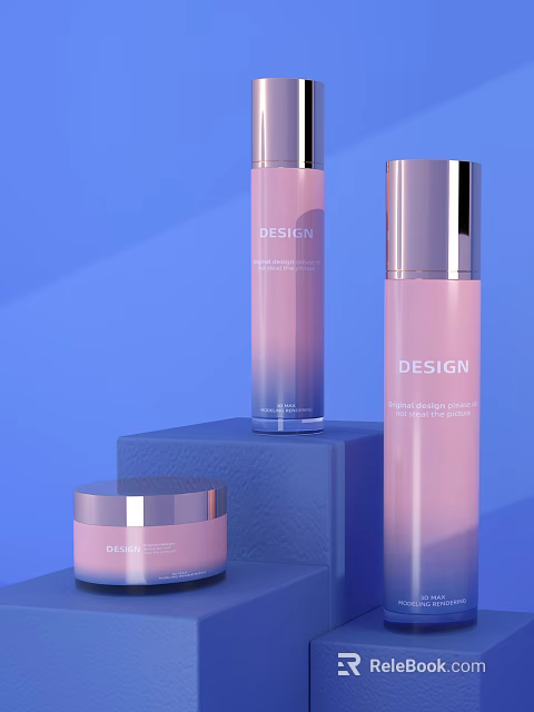 Elegant Design Labeled Pink Gradient Cosmetic Bottles With Silver Caps On Blue Display Stand 3d model 