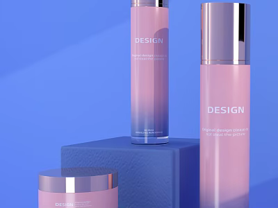 Elegant Design Labeled Pink Gradient Cosmetic Bottles With Silver Caps On Blue Display Stand 3d model