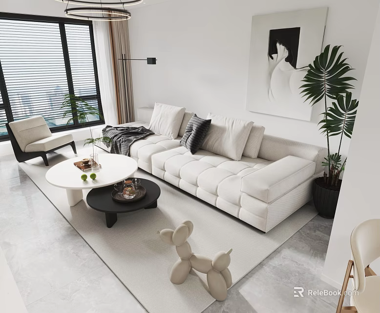 Modern Living Dining Area Interior Design With White Sofa Round Coffee Table And Palm Plant 3d model 