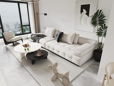 Modern Living Dining Area Interior Design With White Sofa Round Coffee Table And Palm Plant 3d model