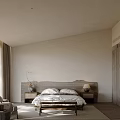 Minimalist Bedroom Interior Design With Wooden Headboard Bed And Large Window Curtains And Wooden Flooring