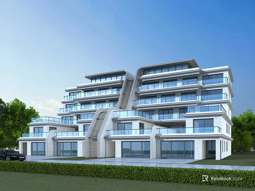 Modern Townhouse Exterior With Multiple Floors Large Windows Balconies And Green Lawn 3d model 