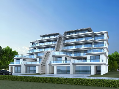 Modern Townhouse Exterior With Multiple Floors Large Windows Balconies And Green Lawn 3d model