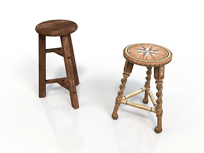 Two Wooden Stools Featuring Dark Simple Design And Decorative Patterned Top With Twisted Legs 3d model