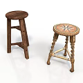 Two Wooden Stools Featuring Dark Simple Design And Decorative Patterned Top With Twisted Legs