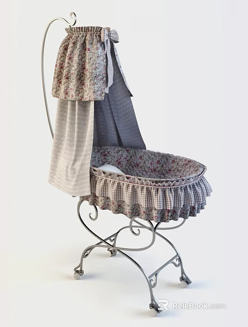 Vintage Baby Crib with Metal Frame Floral Fabric and Ruffled Edge Design 3d model 