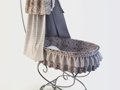 Vintage Baby Crib with Metal Frame Floral Fabric and Ruffled Edge Design 3d model