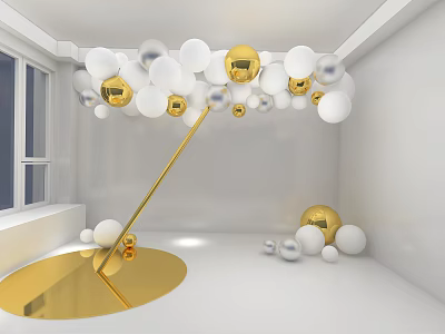Showcase Decorative Design With White Gold Spheres Gold Pole And Circular Base In Room With Window 3d model