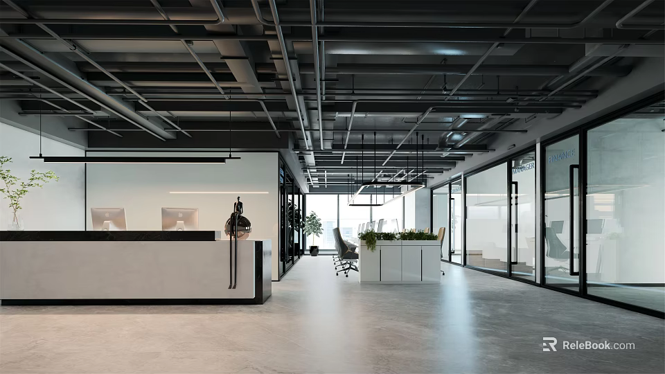 Modern Office Reception Area With Spacious Layout Glass Partitions And Green Plants 3d model 