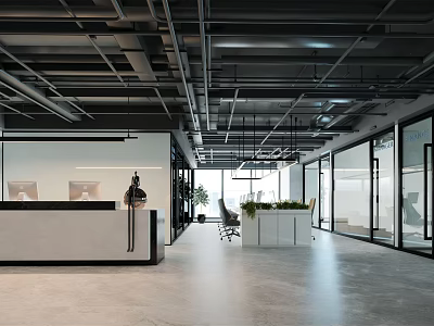 Modern Office Reception Area With Spacious Layout Glass Partitions And Green Plants 3d model