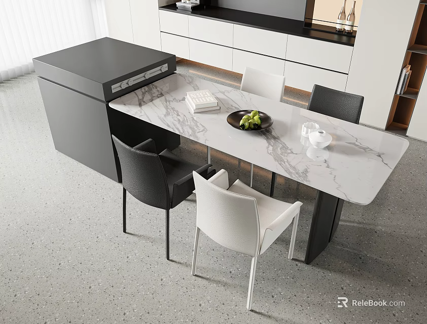 Modern Dining Table With Marble Top And Black White Chairs In Open Kitchen 3d model