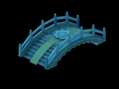 Chinese Style Blue Bridge With Ornate Railings Steps And Lotus Decoration 3d model