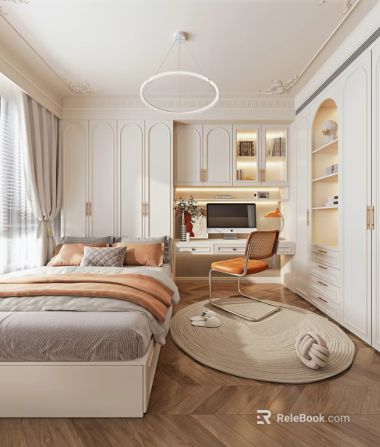 Modern Tatami Bedroom Interior With Platform Bed White Storage Cabinets Study Desk And Round Rug 3d model 