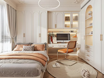 Modern Tatami Bedroom Interior With Platform Bed White Storage Cabinets Study Desk And Round Rug 3d model
