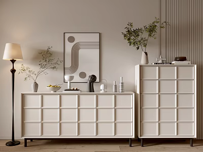 Modern Entryway Cabinet And Side Cabinet Design With White Finish Decorative Plants And Table Lamp 3d model