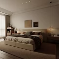 Serene Bedroom Interior Design With Beige Bed Wooden Wardrobe Nightstand And Table Lamp