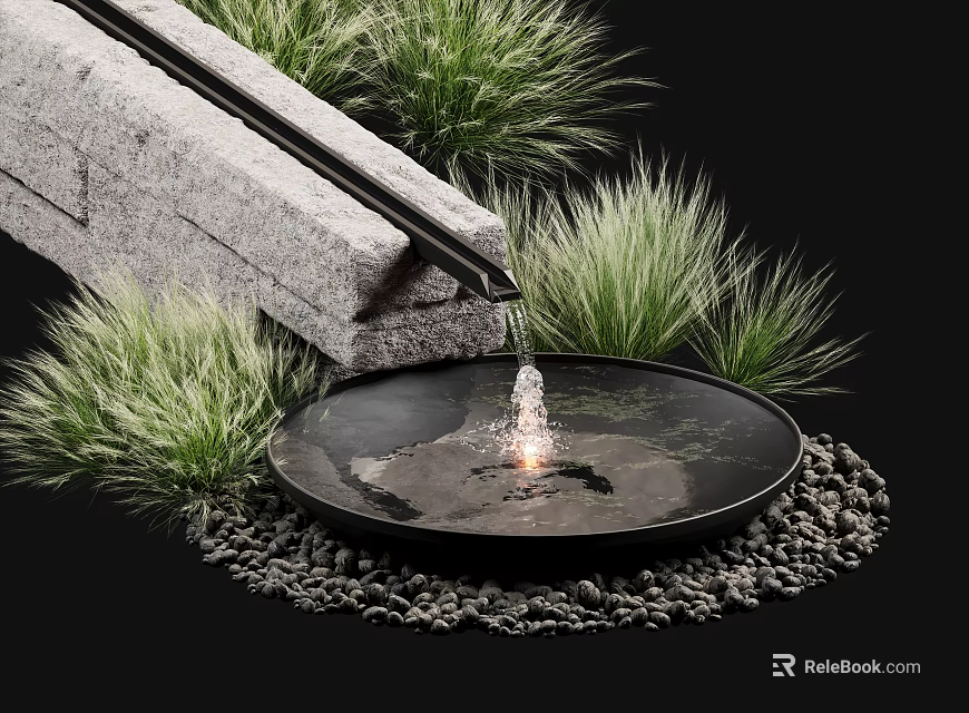Circular Black Water Fountain With Stone Structure Green Plants And Pebbles 3d model 