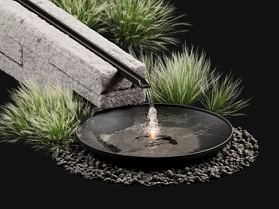 Circular Black Water Fountain With Stone Structure Green Plants And Pebbles 3d model