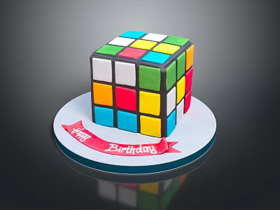 Rubik's Cube Shaped Birthday Cake With Colorful Squares Red Ribbon And Happy Birthday Message 3d model