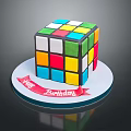 Rubik's Cube Shaped Birthday Cake With Colorful Squares Red Ribbon And Happy Birthday Message