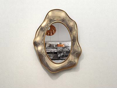 Golden Irregular Shaped Mirror Hanging On White Wall Reflecting Living Room Interior 3d model