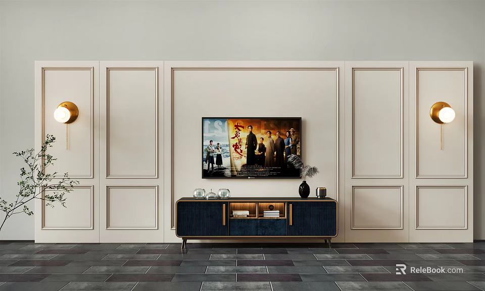 Elegant TV Stand Featuring Mounted TV Artwork Decorative Items And Paneled Wall Design 3d model