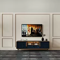 Elegant TV Stand Featuring Mounted TV Artwork Decorative Items And Paneled Wall Design 3d model