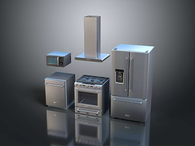 Modern Stainless Steel Kitchen Electrical Appliances Including Microwave Range Hood Refrigerator And Oven 3d model