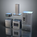 Modern Stainless Steel Kitchen Electrical Appliances Including Microwave Range Hood Refrigerator And Oven
