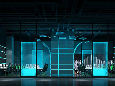 Modern Cybercafe Interior With Blue Neon Lights Computer Setups And Ergonomic Seats 3d model