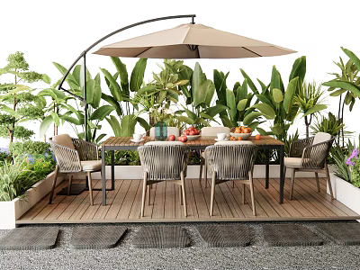 Outdoor Table with Umbrella and Chairs Surrounded by Green Plants on Wooden Deck 3d model
