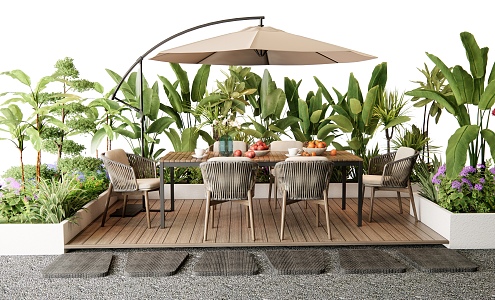 Modern Outdoor Table and Chair Outdoor Dining Table and Chair Leisure Table and Chair Rattan Outdoor Chair Plant Combination Plant Pile Flowers and Plants Ting Step 3d model