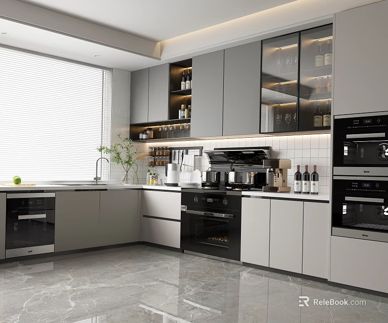Modern Kitchen Interior Design With Gray Cabinets Black Appliances Marble Countertops And Open Shelves 3d model 