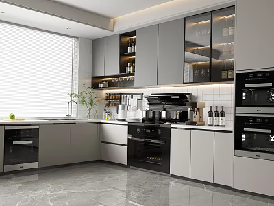 Modern Kitchen Interior Design With Gray Cabinets Black Appliances Marble Countertops And Open Shelves 3d model