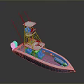 Blue And White Small Boat With Cabin Ladder Deck And Navigation Antennas