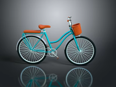 Blue Vintage Bicycle With Orange Seat And Basket On Reflective Floor 3d model