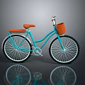 Blue Vintage Bicycle With Orange Seat And Basket On Reflective Floor
