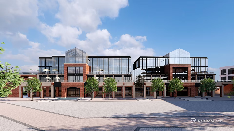 Modern Commercial Street Architecture With Glass Curtain Walls Red Brick Elements Green Plants And Square 3d model 