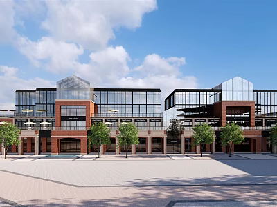 Modern Commercial Street Architecture With Glass Curtain Walls Red Brick Elements Green Plants And Square 3d model