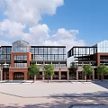 Modern Commercial Street Architecture With Glass Curtain Walls Red Brick Elements Green Plants And Square